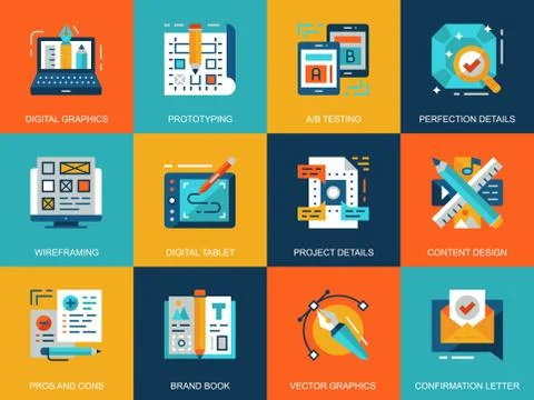 Flat conceptual creative process icons concepts set Stock Illustration