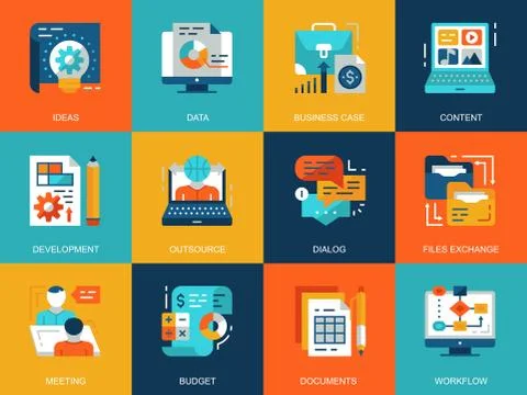 Flat conceptual project management icons concepts set Illustrazione stock