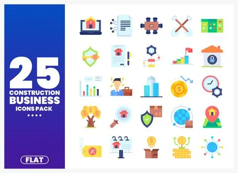Flat construction business icons. including houses. money. and charts. on a.. Ilustração Stock