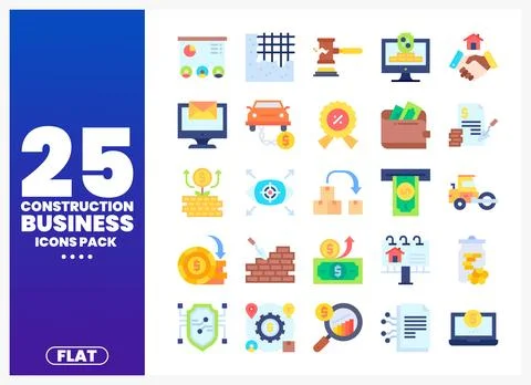 Flat construction business icons pack with graphics for finance and building Illustrazione stock