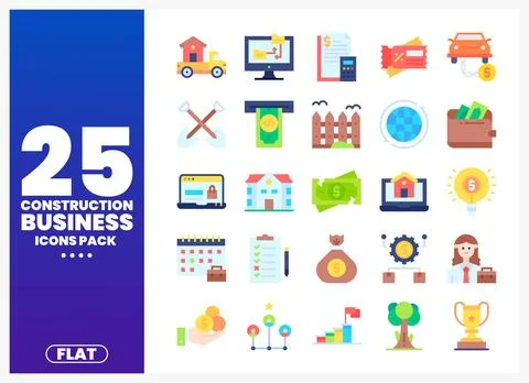 Flat construction business icons pack with elements including vehicles. too.. Ilustración de archivo