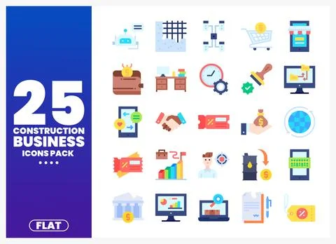 Flat construction business icons pack with financial and digital elements Stock Illustration