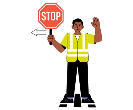 Flat of a construction worker holding a stop sign, isolated. Stock-Illustration