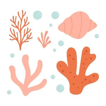 Flat coral reef elements with organic seaweed and shell shapes create a soft Stock Illustration