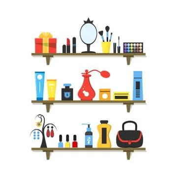 Flat cosmetics on shelves Stock Illustration