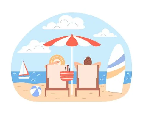 Flat couple sunbathing at ocean seaside landscape. Stock Illustration