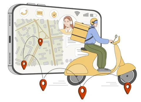 Flat courier with backpack on scooter delivers food, parcels or mails Stock Illustration