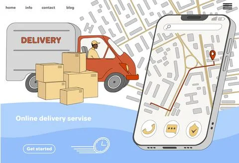 Flat courier on van with boxes and road on mobile phone screen Stock Illustration