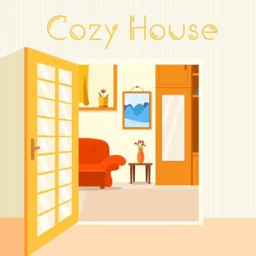 Flat cozy room in house with open doors background vector illust Stock Illustration