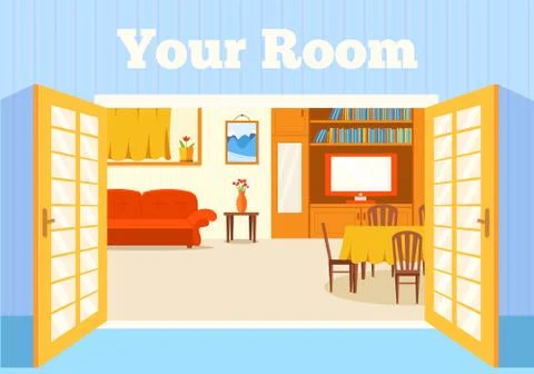 Flat cozy room in house with open doors background vector illust 库存插图