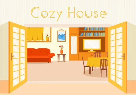Flat cozy room in house with open doors background vector illust Stockillustratie