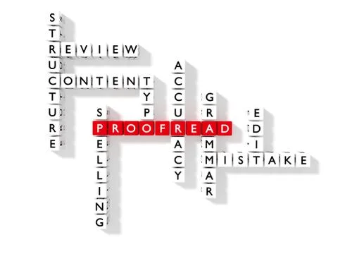 Flat crossword puzzle showing proofreading keywords as dice Stock Illustration