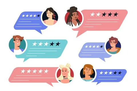 Flat customer in speech bubbles give feedback Illustrazione stock