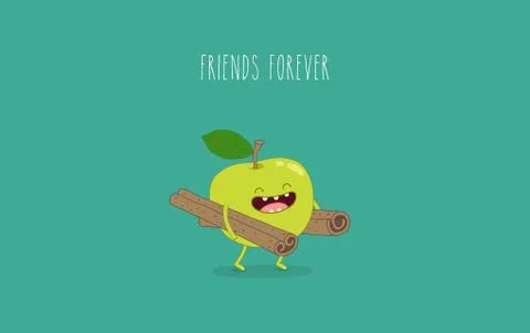 Flat cute and funny green apple fruit set in various emotion and face in blue Stock Illustration