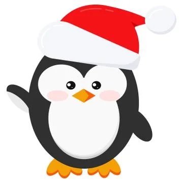 Flat cute and funny winter penguin in Santa Claus red christmas hat with fur  Stock Illustration