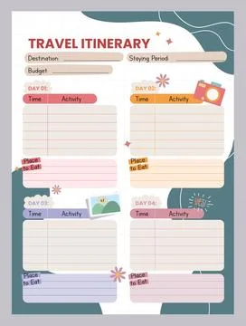 Flat, cute, colorful vector design of a travel itinerary planner template Stock Illustration