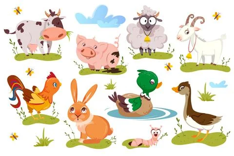 Flat cute farm animals and funny birds Illustrazione stock