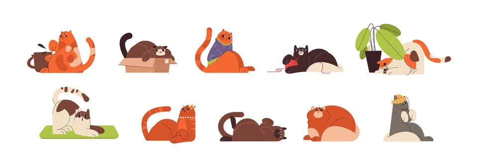 Flat cute ginger cats in different funny poses playing and relaxing Stock Illustration