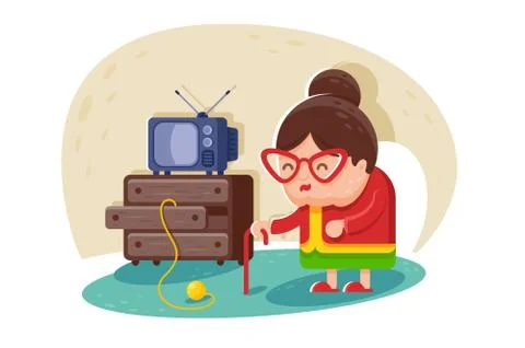 Flat cute old lady with glasses and cane near TV and wardrobe with balls of yarn Stock Illustration