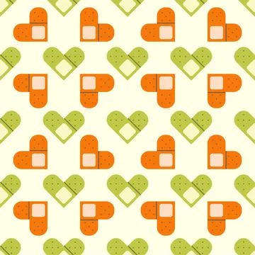 Flat cute seamless pattern of medical plaster with hearts. Stock Illustration