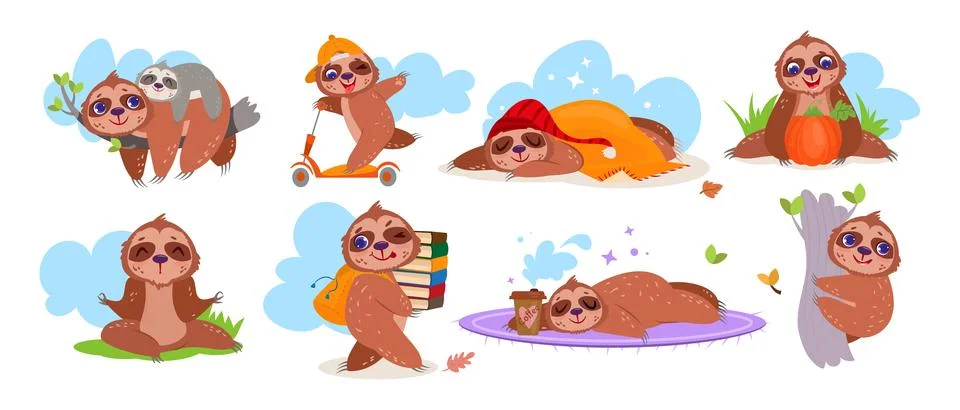 Flat cute sloth sleeping, riding a scooter, doing yoga and hanging tree Stock Illustration