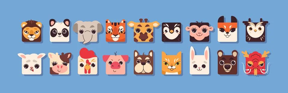 Flat cute square animal faces, avatars icon set for children Stock Illustration