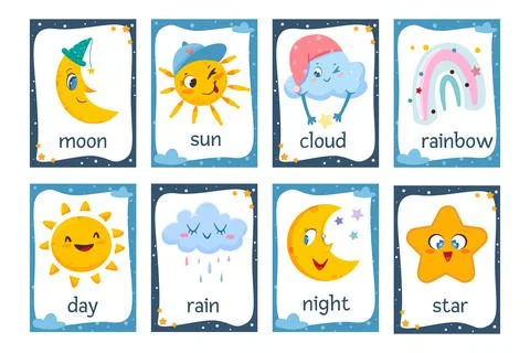 Flat cute weather flash cards for preschool kids Stock Illustration