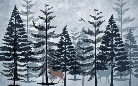 Flat dark outlines of trees and deer on gray background Stock Illustration