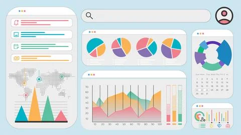 Flat dashboard layout featuring global analytics with pie charts, world map Stock Illustration