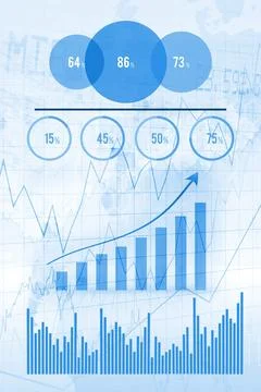 Flat dashboard is presenting percent circles, bar chart with rising line over Ilustración de archivo
