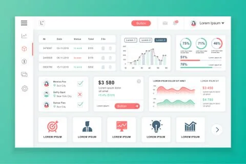 Flat dashboard UI kit. Admin panel vector template 库存插图