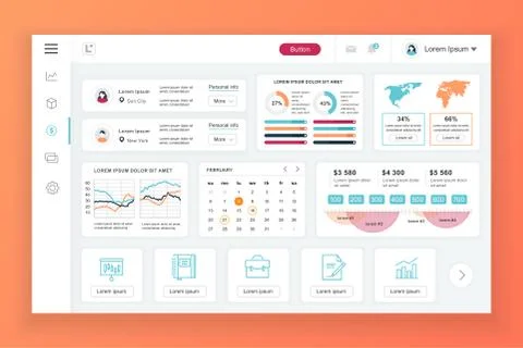 Flat dashboard UI kit. Admin panel vector template 스톡 일러스트