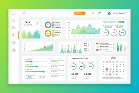 Flat dashboard UI kit. Admin panel vector template 스톡 일러스트