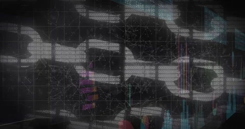 Flat data console showing numeric strings moving over grid, network graphs and Stock Footage 309067755