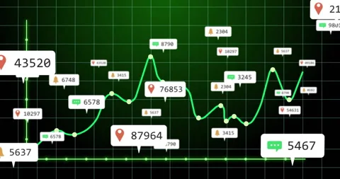 Flat data line hitting red pin, curving through icons and labels, visualizing Vídeos de archivo 313552586