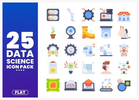 Flat data science icon pack with illustrations on a white background. Stock Illustration