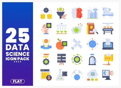 Flat data science icon pack with machine learning and AI concepts on a whit.. Stock Illustration