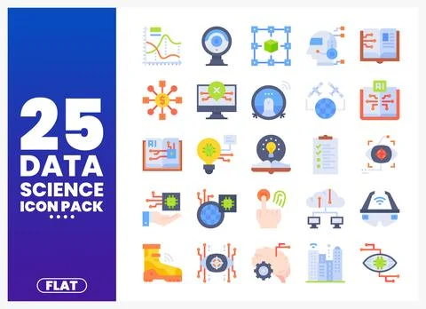 Flat data science icon pack with diverse symbols on a blue and white backgrou Stock Illustration