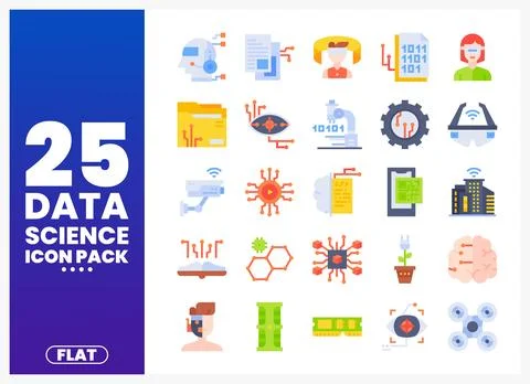 Flat data science icons collection with technology and science symbols Stock Illustration