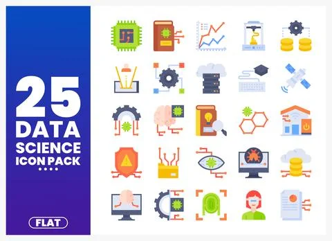 Flat data science icons displayed on a white background with text. Stock Illustration