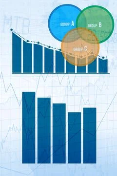 Flat data visualization showing two bar charts on blue grid with dotted line and Illustrazione stock