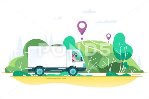 Flat Delivery Truck With Man Is Carrying Parcels On Points.
