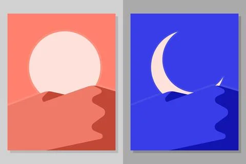 Flat desert day and night landscape. Stock Illustration