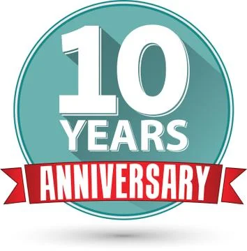 Flat design 10 years anniversary label with red ribbon, vector illustration Stock-Illustration
