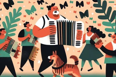 Flat design 20 July background with women or family people and dog dancing .. Stock Illustration