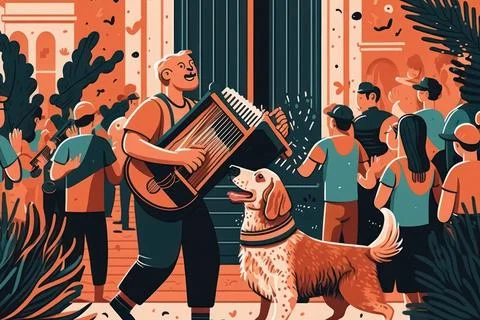 Flat design 20 July background with women or family people and dog dancing .. Stock Illustration
