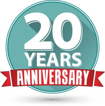 Flat design 20 years anniversary label with red ribbon, vector illustration Stock Illustration