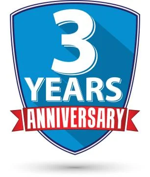Flat design 3 years anniversary label with red ribbon, vector illustration Illustrazione stock