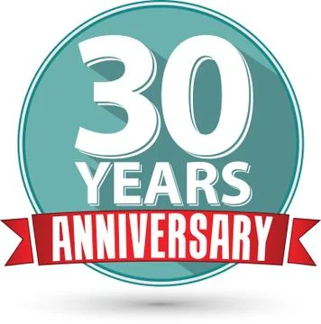 Flat design 30 yearS anniversary label with red ribbon, vector illustration Illustrazione stock