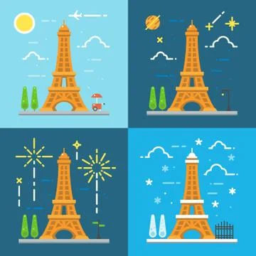 Flat design 4 styles 0f Eiffel tower Paris France Stock Illustration